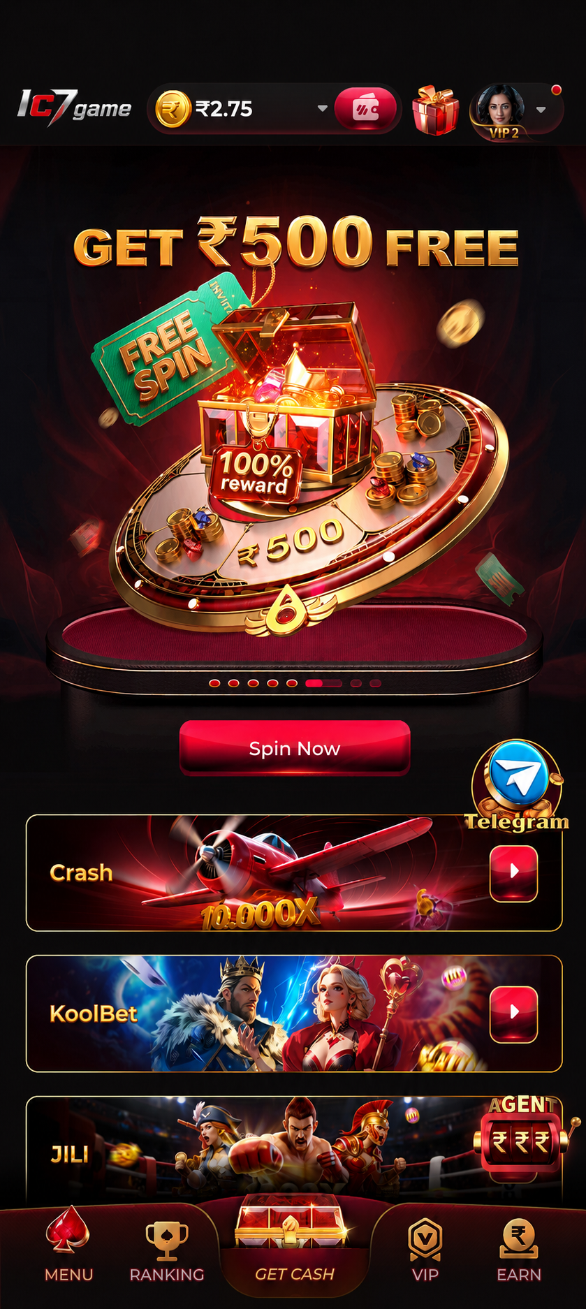 The ic7 game mobile app showing the game lobby and wallet on an Android phone